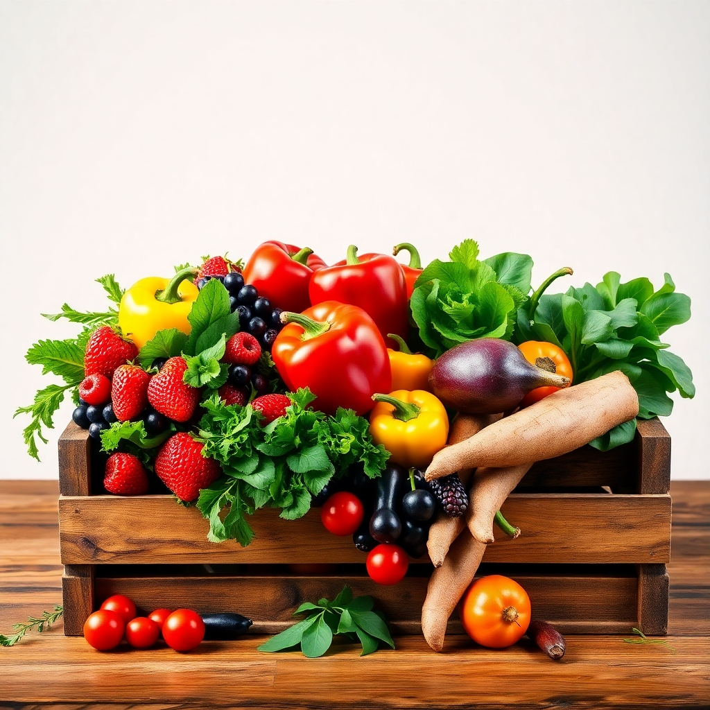 Create a photorealistic image of a bountiful harvest of colorful fruits and vegetables arranged artfully in a rustic wooden crate. The crate should be overflowing with produce such as berries, leafy greens, bell peppers, and root vegetables. The lighting should be soft and natural, highlighting the vibrant colors and textures of the produce. Focus on hyperrealism and detail, capturing the freshness and appeal of the food. Style: Farm-to-table aesthetic, clean and inviting.