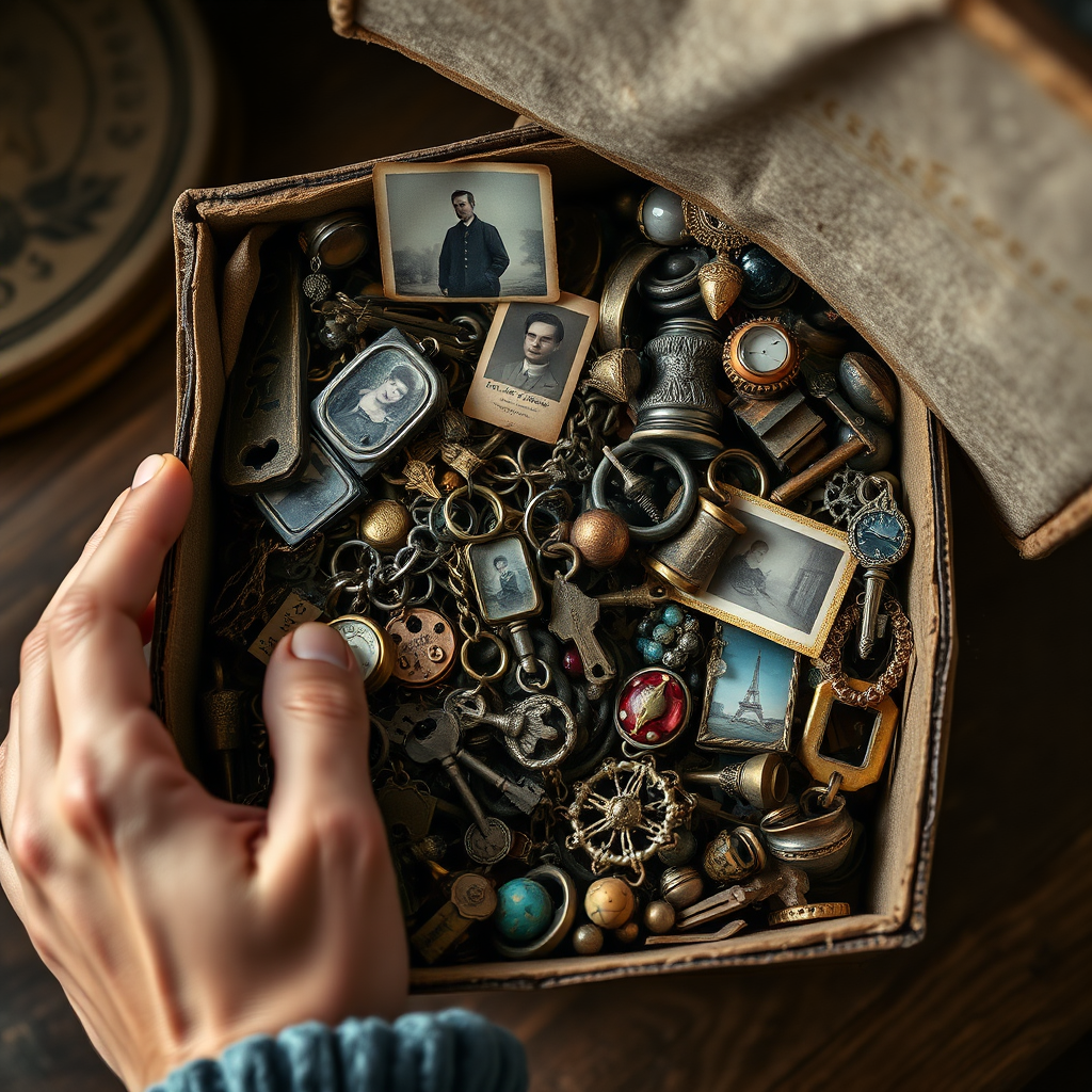 Create a photorealistic image of a person's hands rummaging through a box filled with a variety of interesting and unusual items. Include vintage jewelry, antique keys, old photographs, and other small treasures. The lighting should be focused on the box, highlighting the details of the items. The background should be blurred to keep the focus on the contents of the box.