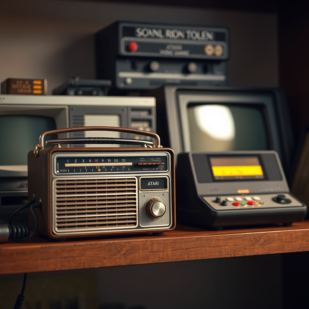 Create a photorealistic image of a vintage radio sitting on a shelf alongside a classic video game console, such as an Atari. The background should include other vintage electronics, like an old record player. Use soft, warm lighting to create a nostalgic atmosphere. Emphasize the textures and details of the electronics, showcasing their unique design and character.