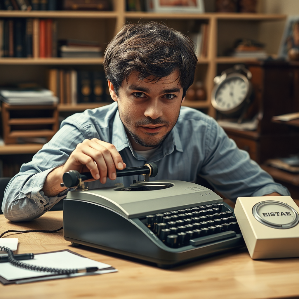 Create a photorealistic image of a person interacting with a vintage piece of technology, such as an old typewriter or a rotary phone. The setting should be a vintage-inspired office or study. Use soft, focused lighting to highlight the device and create a sense of nostalgia. The person's expression should convey curiosity and fascination.