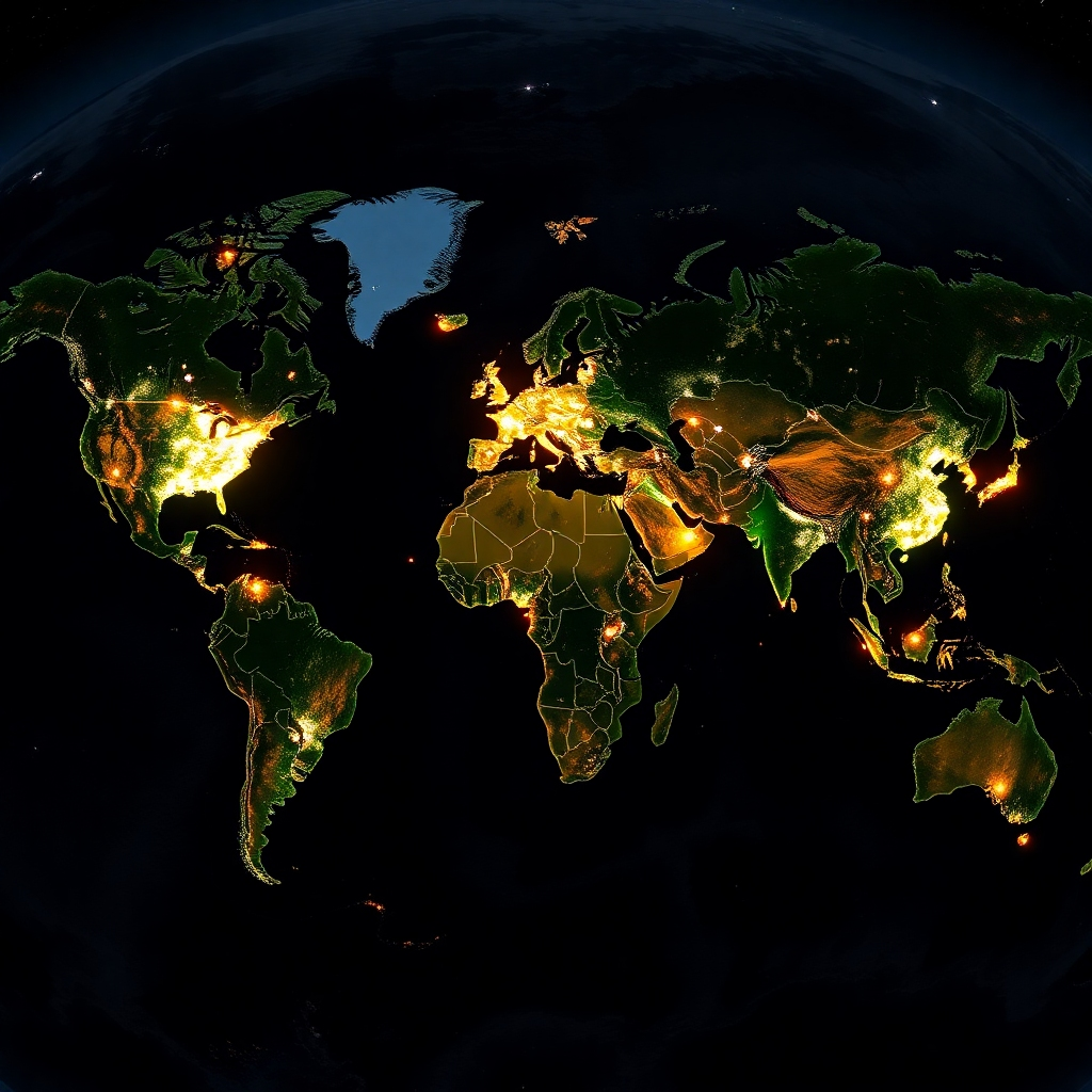Create a photorealistic image of a world map with various political hotspots highlighted with pulsating lights, representing the interconnectedness of global politics. Style reference: Satellite imagery. Technical Specs: 4K resolution.