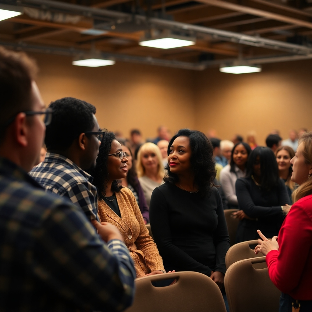 Create a photorealistic image of a diverse group of people participating in a town hall meeting, engaging in a lively discussion. The atmosphere should be open and inclusive. Style reference: Documentary photography. Technical Specs: 4K resolution.