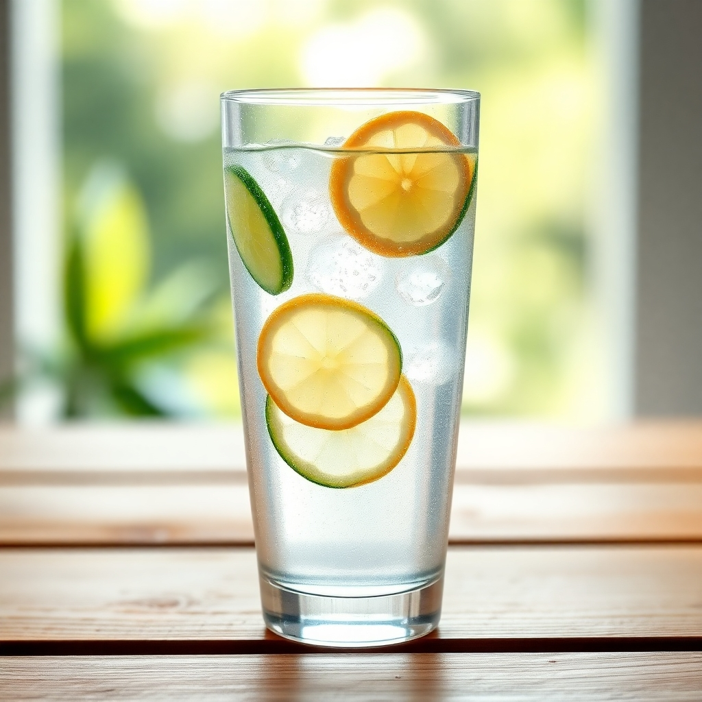 Create a refreshing image of a glass of pure, clear water with slices of lemon and cucumber floating inside. The glass should be placed on a natural wooden surface with sunlight streaming through a window, creating a sense of freshness and vitality. Add condensation droplets to the glass for a hyperrealistic touch. The background should be blurred to focus attention on the hydrating drink. Style: Clean, refreshing, and inviting.