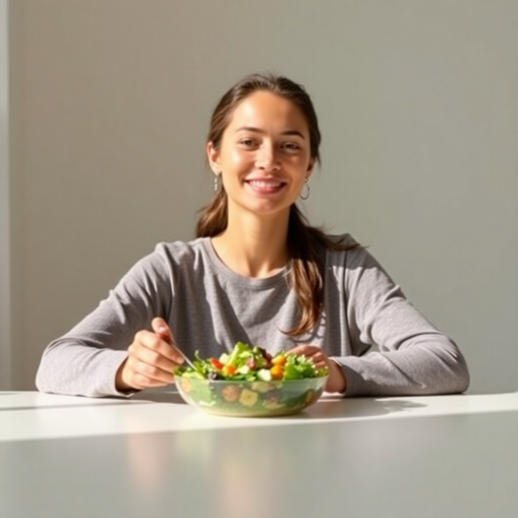Create a serene image of a person sitting at a table, mindfully enjoying a healthy meal. The person should be smiling gently and looking relaxed. The meal should consist of fresh, whole foods, such as a salad or a bowl of soup. The lighting should be soft and natural, creating a sense of calm and tranquility. Style: Peaceful, mindful, and health-conscious.