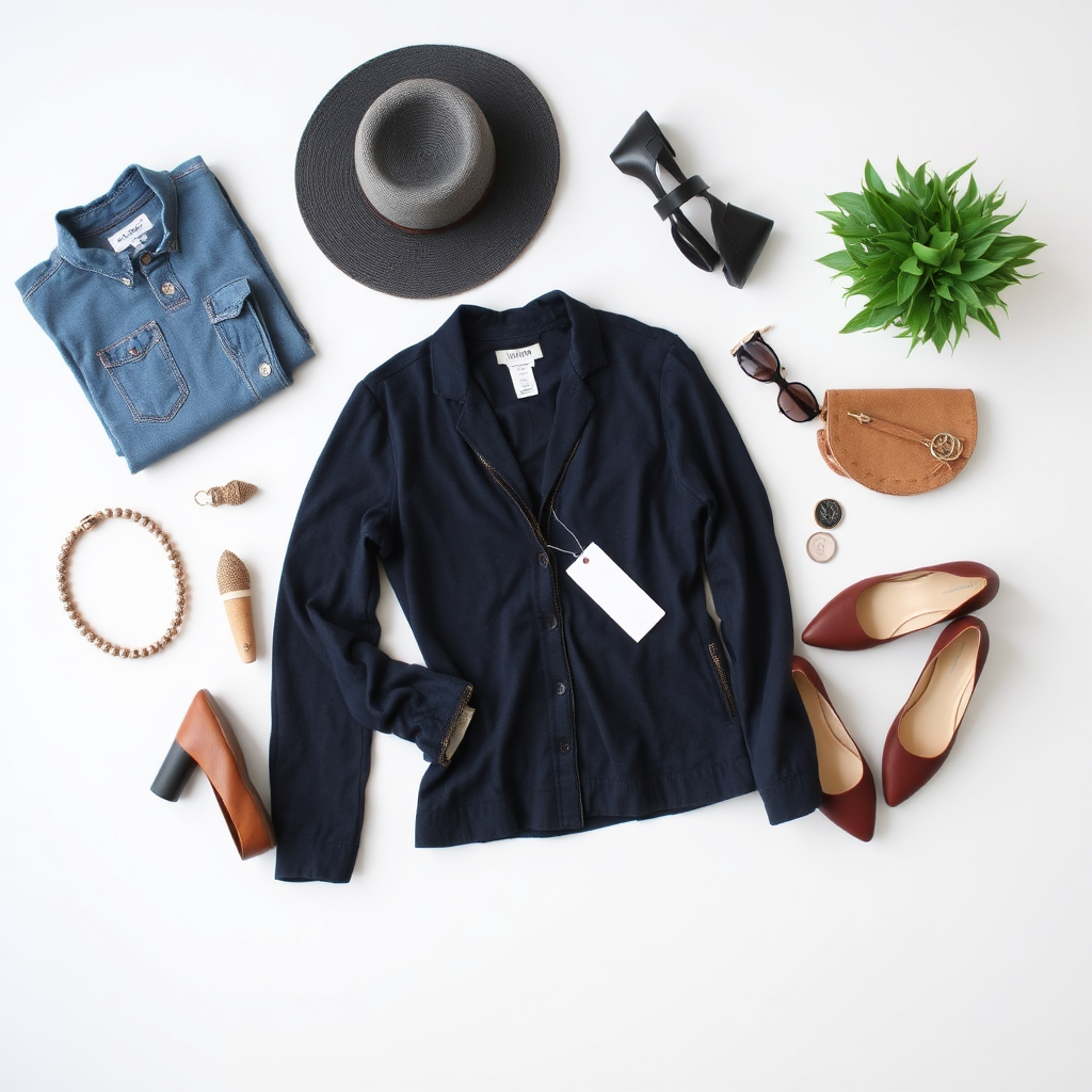 Create a stylish flat lay featuring a curated selection of used clothing, accessories, and shoes. Arrange the items on a clean, neutral background with careful attention to composition and color coordination. Use bright, natural lighting to showcase the items' details and quality. Include a price tag or a subtle visual element that suggests affordability.