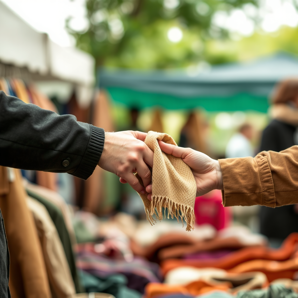 Create a stylized image showing hands exchanging a piece of clothing (e.g., a jacket or a scarf) in a setting that suggests an outdoor market or a community event. Use soft, natural lighting and a color palette that emphasizes sustainability and environmental consciousness (greens, browns, and muted tones). The overall feel should be positive and collaborative.