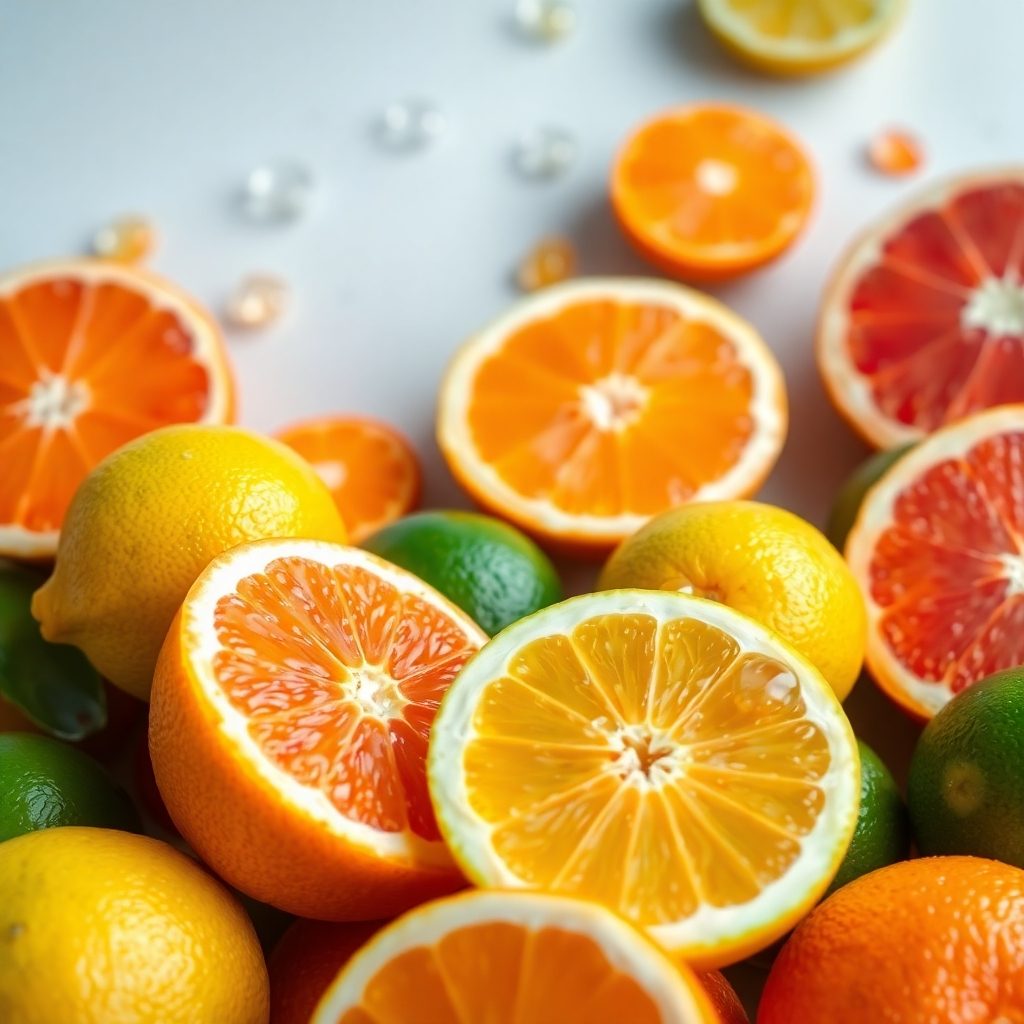 Create a visually appealing image of a colorful assortment of citrus fruits (oranges, grapefruits, lemons, limes) arranged in a visually pleasing composition. The lighting should be bright and cheerful, highlighting the vibrant colors and textures of the fruits. Add droplets of water to the fruits for a hyperrealistic touch. Style: Fresh, vibrant, and energizing.