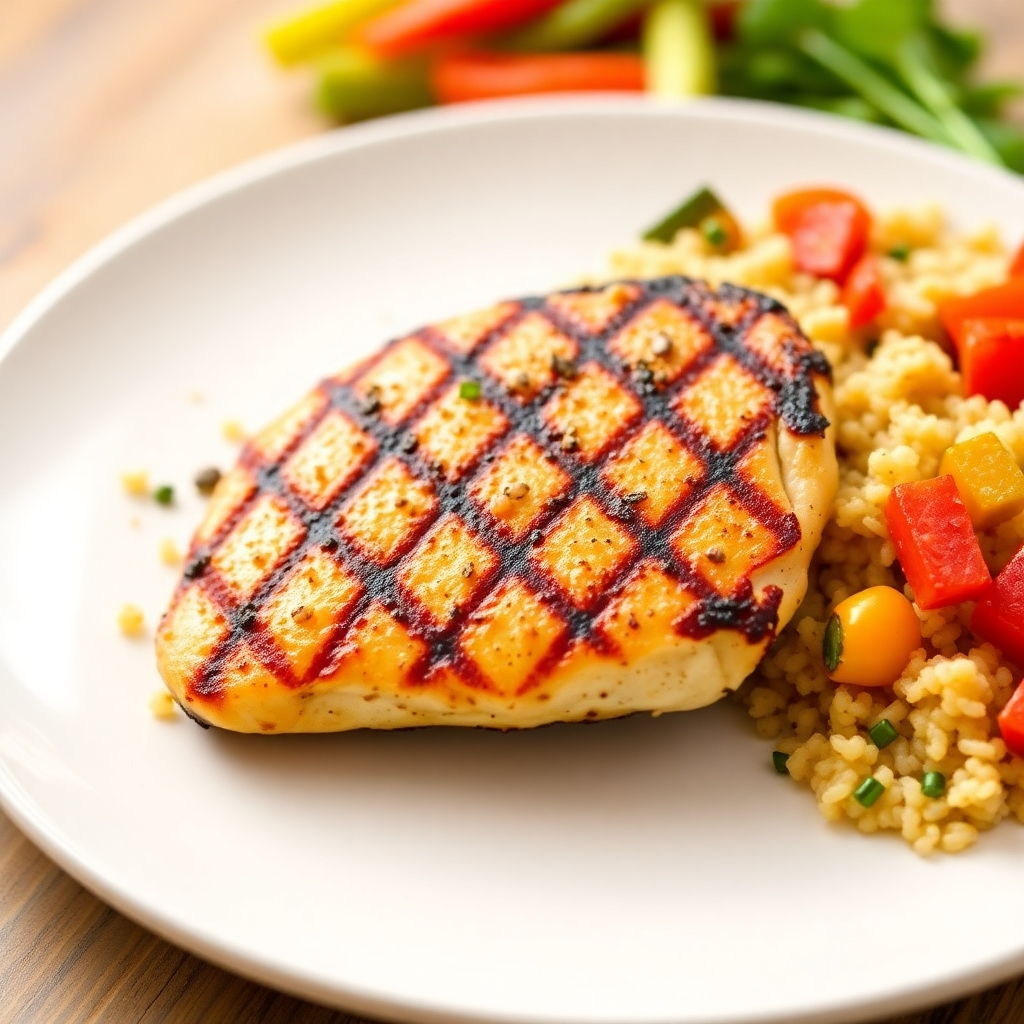 Create an appetizing image of a plate featuring a grilled chicken breast, served with a side of quinoa and steamed vegetables. The chicken breast should be nicely browned and seasoned, and the vegetables should be vibrant and colorful. The lighting should be warm and inviting, highlighting the healthy and delicious nature of the meal. Style: Simple, wholesome, and protein-packed.