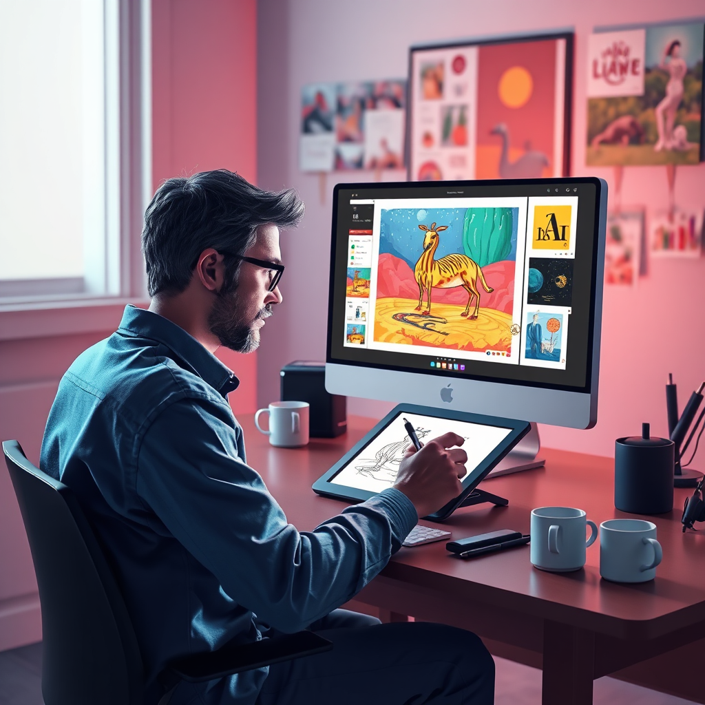 Create an image illustrating the concept of personalized AI art creation. The scene should depict a person sitting at a computer, sketching on a digital tablet. On the screen, an AI program is generating artwork based on the person's sketches and prompts. The color palette should be vibrant and dynamic, reflecting the creative process. The lighting should be focused and directional, highlighting the person's face and the computer screen. Consider adding subtle details like a coffee cup on the desk and a mood board filled with inspiring images in the background. Style references include the digital art workflows of artists like David Hockney and the user interface designs of Adobe Creative Suite. Render in 4K resolution for high-quality detail.