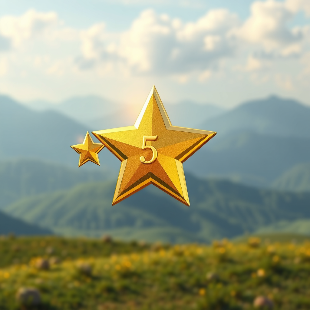 Create an image of a 5 star rating in gold, floating in a dreamy landscape. The image should be 4k resolution.