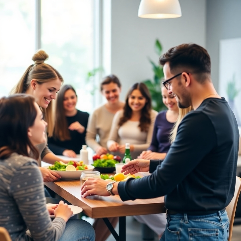 Create an image of a group of people participating in a wellness workshop. The people should be smiling and engaged in the activity. The workshop should be focused on healthy eating or natural supplements. The atmosphere should be positive and supportive. Style: Interactive, educational, and empowering.