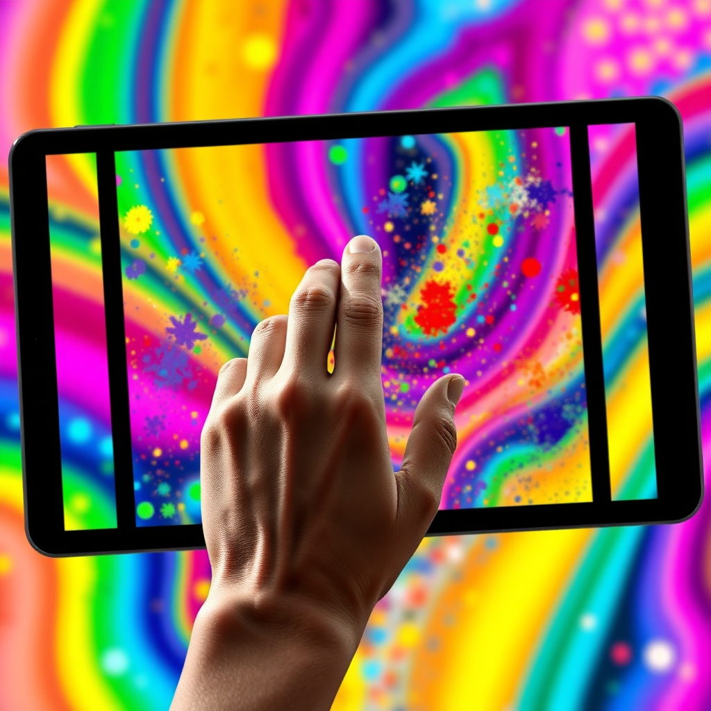 Create an image of a hand selecting colors and styles on a tablet. The background should be an AI art that is still in the process of generating. The color palette should be all the colors imaginable! The image should be of 4k resolution.