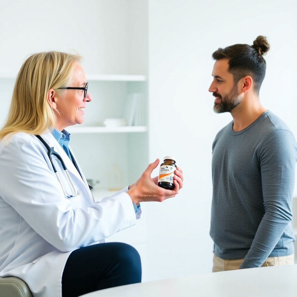 Create an image of a healthcare professional providing a supplement consultation to a patient. The healthcare professional should be holding a bottle of supplements and explaining its benefits. The patient should be listening attentively. The background should be clean and professional. Style: Knowledgeable, trustworthy, and informative.