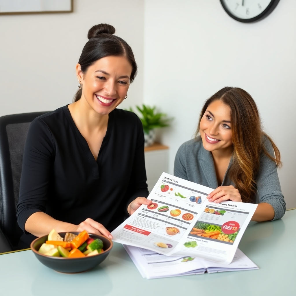 Create an image of a nutritionist sitting at a desk, reviewing a personalized meal plan with a client. The nutritionist should be smiling and engaging, and the client should be looking interested and hopeful. The meal plan should be clearly visible and feature colorful, healthy foods. Style: Professional, supportive, and personalized.