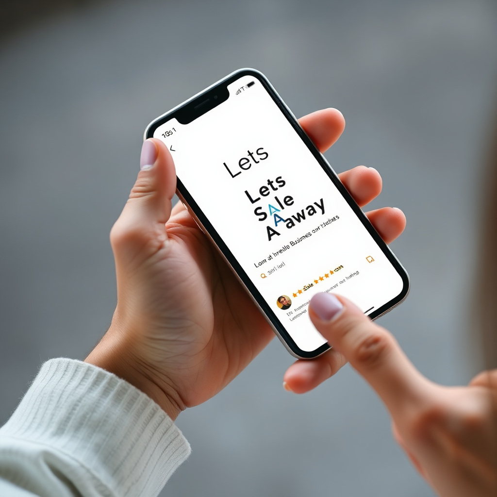 Create an image of a person holding a phone, the phone should have reviews of the business "Lets Sale Away". The image should be 4k resolution.