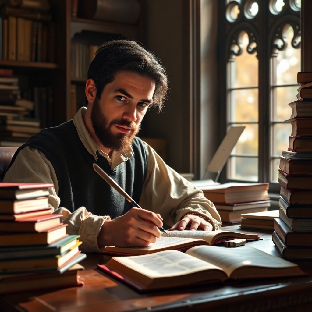 Create an image of a person sitting at a desk, writing with a quill pen and surrounded by stacks of books, representing in-depth research and analysis. The lighting should be warm and inviting. Style reference: Renaissance painting. Technical Specs: 4K resolution.