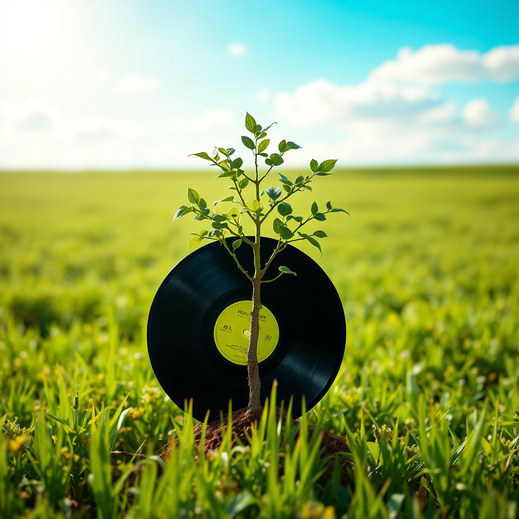Create an image of a tree growing out of a vinyl record. The background should be a sunny, green field. The image should signify that the vinyl record is being recycled back into the earth. The image should be of 4k resolution.