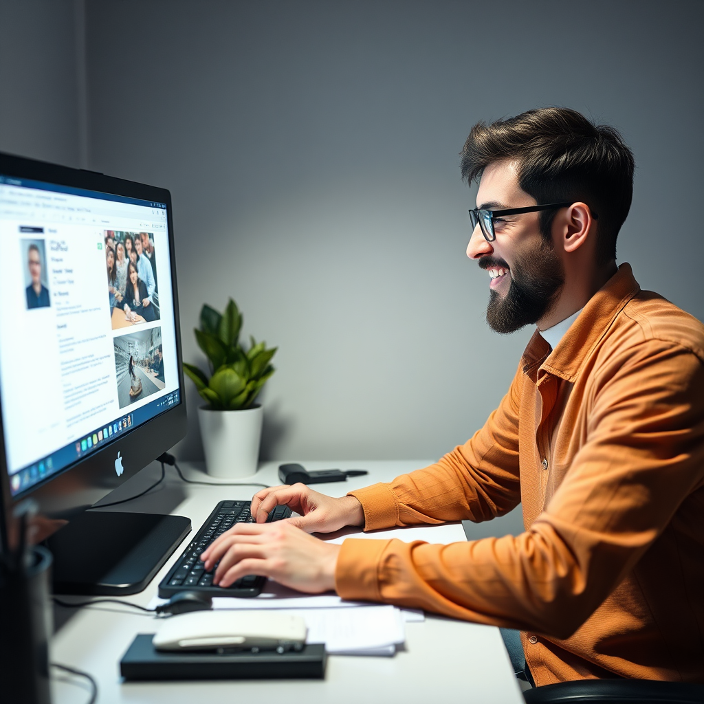 Create an image of someone writing a review on their computer, the person should be happy. The image should be 4k resolution.