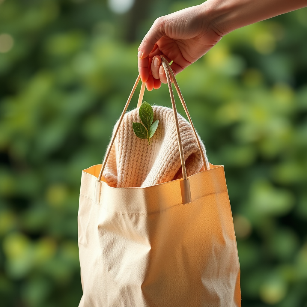 Create an image symbolizing sustainable shopping. Depict a hand gently placing a pre-owned item (e.g., a vintage sweater) into a reusable shopping bag. The bag should be filled with other ethically sourced or recycled products. The background should be a blurred image of a lush green environment, representing the positive impact of sustainable choices. The color palette should be earthy and natural, with greens, browns, and creams dominating the scene. The lighting should be soft and diffused, creating a sense of peace and tranquility. Consider adding subtle details like a small leaf attached to the shopping bag and a faint glow emanating from the pre-owned item. Style references include the ethical fashion campaigns of Stella McCartney and the environmental advocacy photography of James Balog. Render in 4K resolution for high-quality detail.