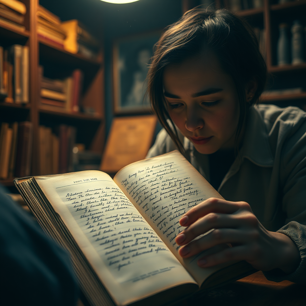 Create an image that captures the essence of discovering the story behind a pre-owned item. The scene should depict a person carefully examining a vintage book in a dimly lit antique shop. The book should be open to a page with faded handwritten notes. The color palette should be warm and muted, creating a sense of nostalgia. The lighting should be soft and directional, highlighting the book and the person's face. Consider adding subtle details like dust particles floating in the air and a magnifying glass lying on the table. Style references include the atmospheric photography of Gregory Crewdson and the literary themes of Umberto Eco novels. Render in 4K resolution for high-quality detail.