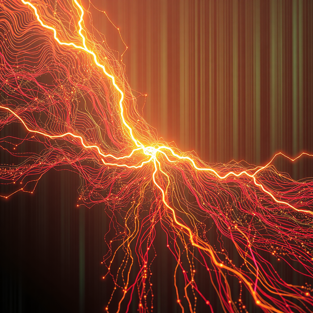 Create an image that shows an AI creating art from data flow, the art print materializing in front of it, almost like a mirage. The color palette should be bright, the lightning should be strong to highlight the transformation. The image should be of 4k resolution.