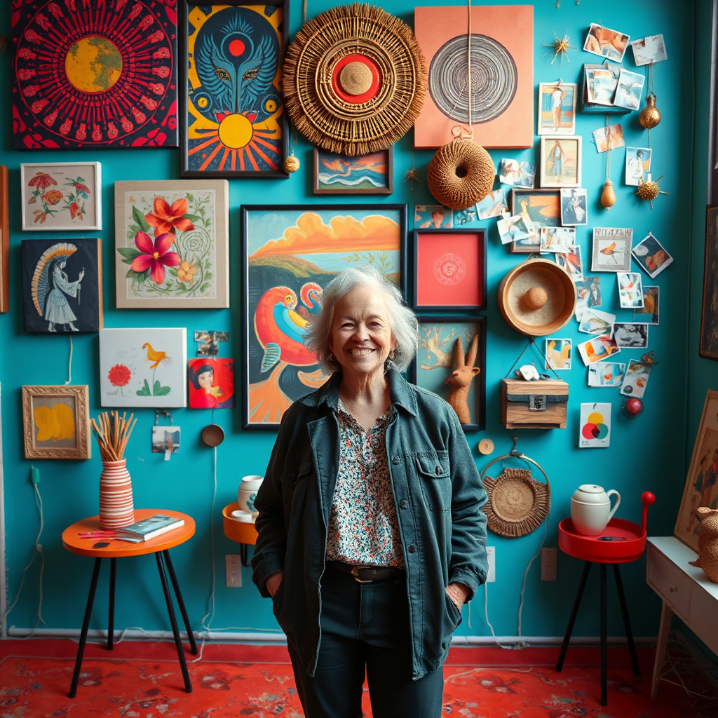Create an image that visually represents the unleashing of creative expression. The scene should depict a person standing in front of a wall covered in vibrant AI-generated art and carefully arranged pre-owned items. The person should be radiating confidence and joy. The color palette should be bold and eclectic, reflecting the diversity of the art and items. The lighting should be bright and celebratory, highlighting the person's face and the surrounding environment. Consider adding subtle details like paint splatters on the floor and vintage postcards pinned to the wall. Style references include the art installations of Yayoi Kusama and the personal style of Iris Apfel. Render in 4K resolution for high-quality detail.