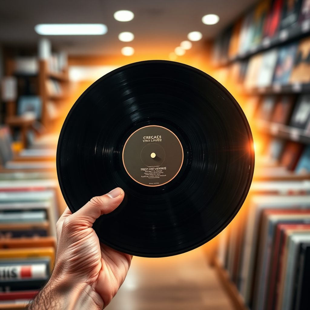 Create an image that would show a hand holding a vinyl record, there should be a glow around it, signifying that it is precious. In the background, a blurred store environment can be seen. The image should be of 4k resolution.