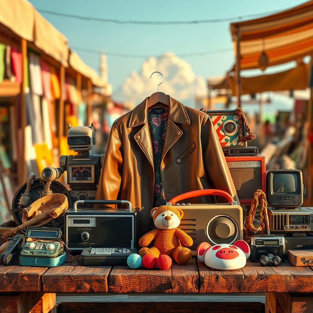 Create a photorealistic, ultra-high-quality header image for "Lets Sale Away." The scene should depict a vibrant, eclectic collection of used treasures. Dominantly feature vintage clothing items (a leather jacket, a floral dress), retro toys (a robot, a teddy bear), and a selection of electronics from different eras (a vintage radio, a modern game console). Arrange them artfully on a rustic wooden table against a backdrop suggesting an open-air market or antique shop. The lighting should be warm and inviting, like late afternoon sun, casting soft shadows and highlighting the textures of the items. The color palette should be rich and diverse, with pops of bright colors against a slightly muted background. The camera angle should be a wide shot, capturing the entire scene with a shallow depth of field to create a sense of depth and focus on the foreground items. Texture details are crucial: show the wear and tear on the vintage items, the softness of the plush toys, and the sleekness of the electronics. The overall feel should be nostalgic, exciting, and hint at the joy of discovering unique finds. 8K resolution, hyperrealistic.