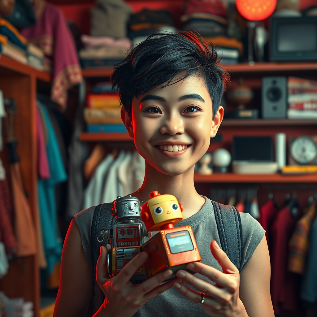 Create a photorealistic image for the "About Us" section of "Lets Sale Away." The scene should feature a friendly, smiling person (could be male or female) holding a vintage toy (e.g., a classic tin robot or a wooden train). The background should be a slightly blurred view of shelves filled with various used items – clothing, books, and electronics – suggesting a well-organized and inviting store. The lighting should be soft and warm, creating a welcoming atmosphere. The color palette should be cheerful and inviting, with a mix of bright and muted tones. The camera angle should be a medium shot, focusing on the person's face and the toy they are holding, while still providing context of the surrounding environment. Emphasize the details of the toy and the person's expression, conveying a sense of nostalgia and joy. 4K resolution, high quality.