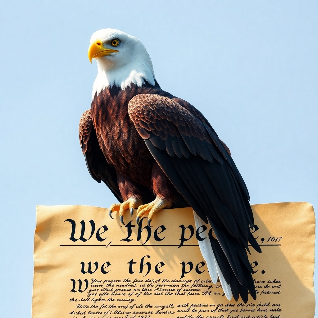 Create a photorealistic image for the 'About Us' section. The scene should depict a stately bald eagle perched atop the US Constitution, its gaze resolute and unwavering. The eagle symbolizes freedom, strength, and the enduring spirit of America. The Constitution represents the foundation of American democracy and the rule of law. The lighting should be dramatic, with strong shadows and highlights, creating a sense of gravitas and importance. The color palette should include deep blues, reds, and golds, evoking a sense of tradition and patriotism. The camera angle is a medium shot, focusing on the eagle and the Constitution. Textures should be realistic, capturing the feathers of the eagle and the texture of the parchment. Style reference: Classical painting. Technical specs: 4K resolution, high quality.