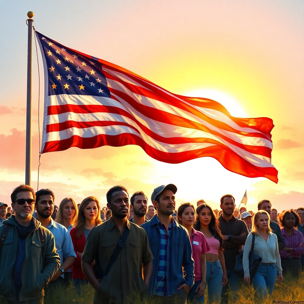 Create a photorealistic, ultra-high quality header image for 'Righteous Conscience'. The scene should depict a majestic American flag waving proudly against a vibrant sunrise, symbolizing hope and a new dawn. In the foreground, a diverse group of citizens stands united, their faces reflecting determination and pride. The overall composition should evoke feelings of patriotism, strength, and unity. The lighting should be warm and inviting, with golden rays highlighting the flag and the faces of the people. Color palette includes deep reds, blues, and whites of the flag, complemented by the golden hues of the sunrise. The camera angle is a wide shot, capturing the vastness of the landscape and the unity of the people. Textures should be realistic, capturing the fabric of the flag and the details of the faces. The environment is an open field, symbolizing freedom and opportunity. Style reference: Photorealistic painting. Technical specs: 8K resolution, hyperrealistic.