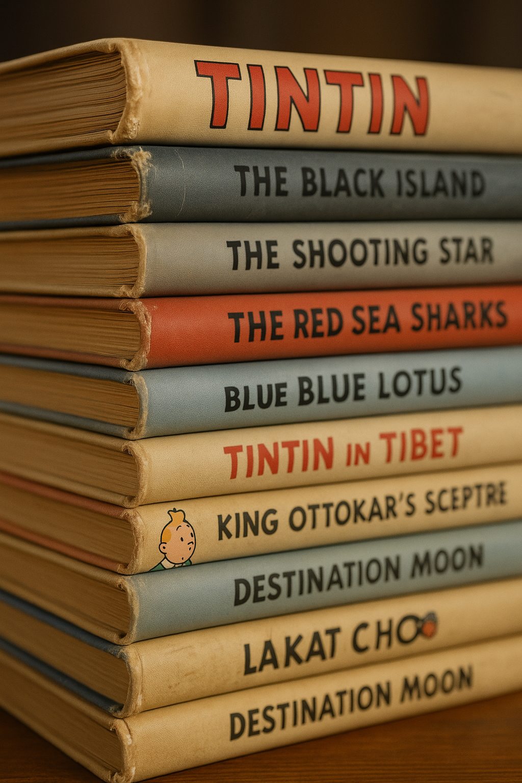 A close-up shot of a stack of vintage Tintin comic books, showcasing their covers and spines. The books should be slightly worn and aged, adding to their charm. The lighting should be dramatic, highlighting the textures of the paper and the vibrant colors of the artwork. Focus on capturing the nostalgia and historical significance of these comic book treasures. 4K resolution, high quality.