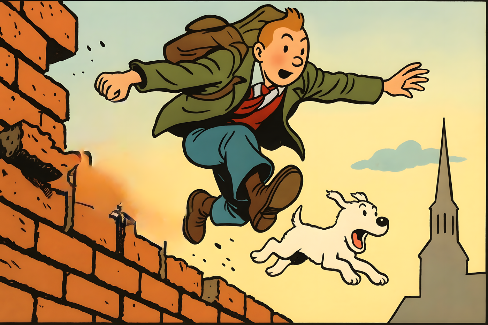 Photorealistic, ultra-high quality header image depicting Tintin and Snowy in a dynamic action scene. Tintin, with his signature quiff, is seen leaping over a crumbling brick wall, Snowy faithfully by his side, barking at an unseen danger. The composition should be dramatic, with a low camera angle emphasizing the height of the wall and the energy of the jump. The lighting should be warm and adventurous, like the golden hour, casting long shadows and highlighting the textures of the brick and their clothing. The color palette should be rich and vibrant, reminiscent of the original comic books, with bright blues, reds, and yellows. The background should be a slightly out-of-focus, exotic cityscape. Include details like dust motes in the air and the determined expression on Tintin's face. Style reference: blend of Hergé's clear-line style with photorealism. 8K resolution, hyperrealistic detail.