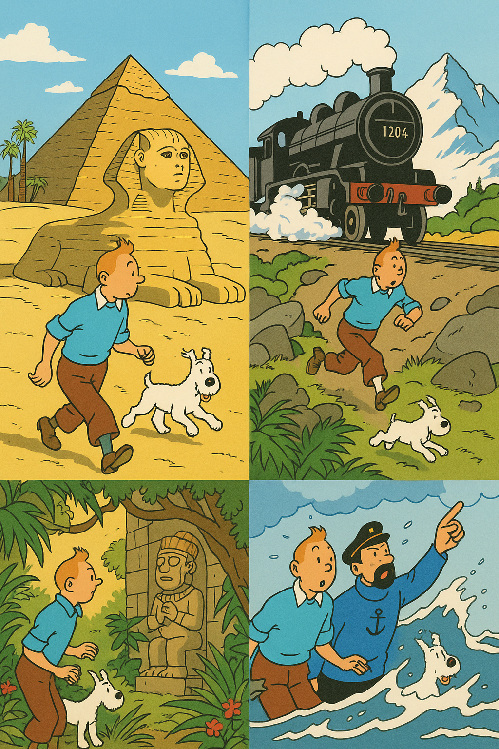 A collage of scenes from various Tintin adventures, showcasing the diverse landscapes and cultures visited by Tintin and Snowy. The scenes should include iconic landmarks, such as the pyramids of Egypt, the Great Wall of China, and the Machu Picchu ruins. The lighting should be varied, reflecting the different environments depicted in each scene. Style reference: travel posters with a vintage aesthetic. 4K resolution, high quality.