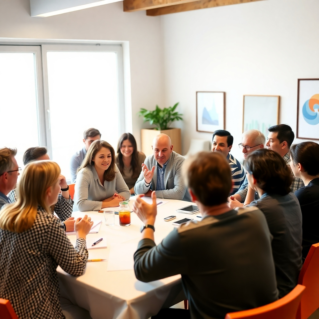 A diverse group of people gathered around a table, with everyone listening to the speaker, while the speaker is using hand gestures to describe his point. The scene should be shot in a bright room and have a friendly and welcoming atmosphere.