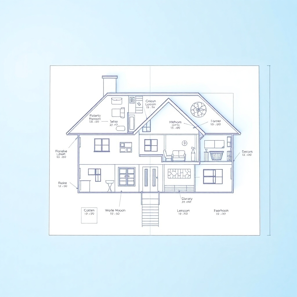 A photorealistic image of a detailed blueprint of a house. The blueprint shows the different rooms and features of the house, representing the different aspects of a relationship. The lines are crisp and clear, making it easy to understand. The background is a light blue color, which is calming and inviting. The image should be from above.