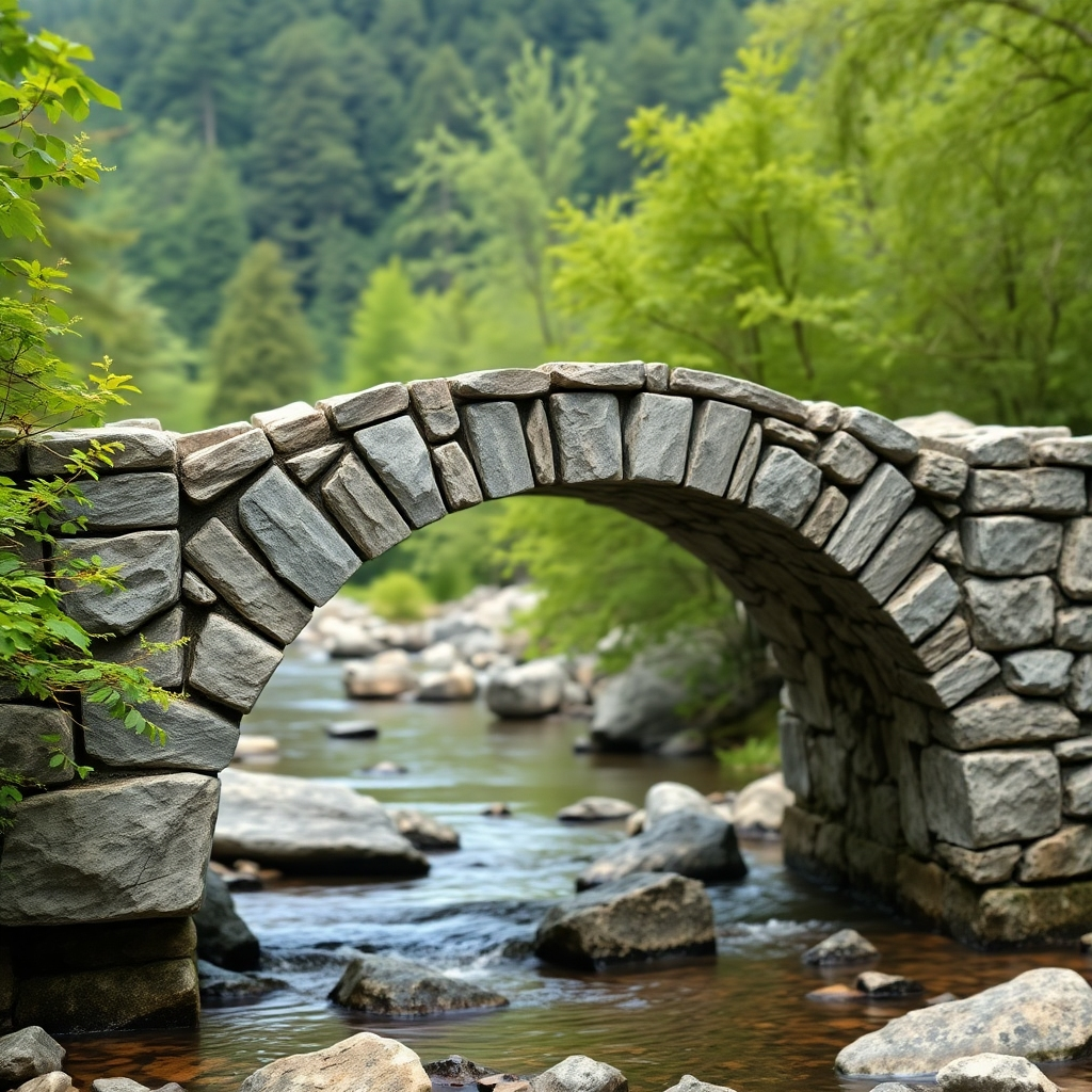 A photorealistic image of a sturdy bridge made of interlocking stones. The bridge should be arching over a gentle stream, symbolizing the bridging of gaps in a relationship. The stones should be weathered and textured, representing the challenges and resilience of a strong relationship. The background should be a lush, green forest, symbolizing growth and abundance. Lighting should be natural and balanced, emphasizing the stability and strength of the bridge. Camera angle is wide, capturing the entire scene. Style: Naturalistic, emphasizing realism and detail. Technical specs: 4K resolution, photorealistic.
