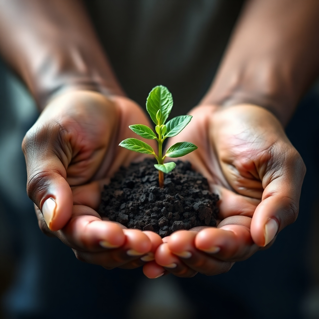 A photorealistic image of two hands gently cradling a fragile plant seedling. The hands should be diverse in appearance, symbolizing the different perspectives and needs of each partner. The seedling should be vibrant and healthy, representing the growth and potential of the relationship. The background should be blurred, focusing on the hands and the seedling. Lighting should be soft and nurturing, emphasizing the delicate nature of the relationship. Camera angle is close-up, focusing on the hands and the seedling. Style: Naturalistic, emphasizing realism and detail. Technical specs: 4K resolution, photorealistic.