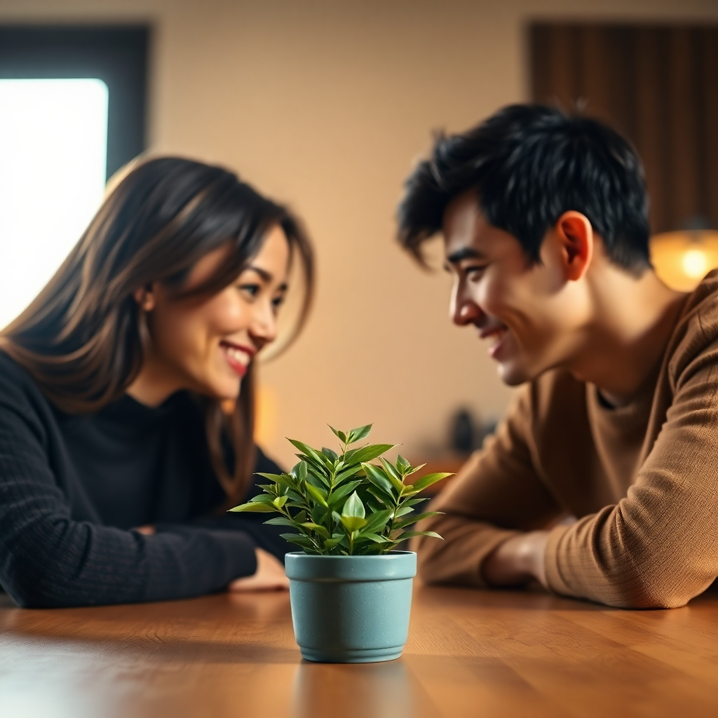 A photorealistic image of two people facing each other, subtly separated by a small potted plant on a table. They are both smiling gently, with soft focus on the plant, emphasizing the delicate balance of communication. Lighting is warm and inviting, casting soft shadows. The background is blurred to keep the focus on the couple and the plant. Camera angle is eye-level, creating a sense of intimacy. Style: Naturalistic, emphasizing realistic human interaction. Technical specs: 4K resolution, photorealistic.