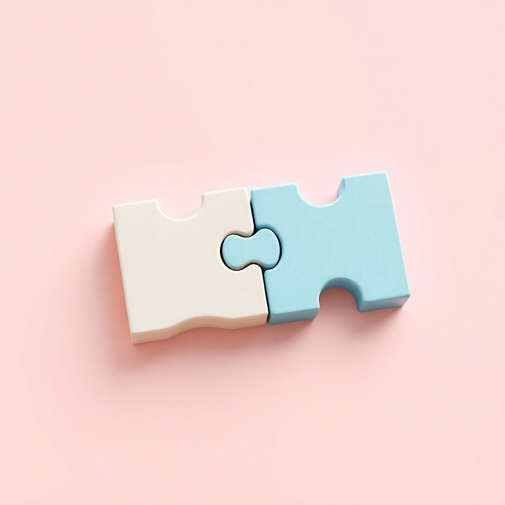 A photorealistic image of two puzzle pieces fitting perfectly together, symbolizing successful conflict resolution. The pieces should have contrasting colors and textures, representing the different perspectives of each partner. The background should be a neutral color, allowing the puzzle pieces to stand out. Lighting should be even and balanced, emphasizing the clarity and precision of the solution. Camera angle is close-up, focusing on the interlocking mechanism. Style: Clean and modern, emphasizing functionality and order. Technical specs: 4K resolution, hyperrealistic.