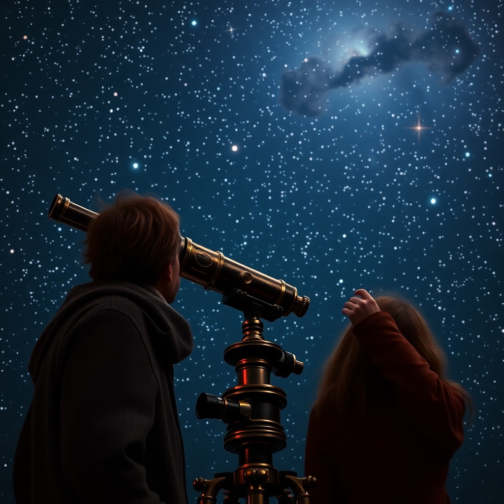A photorealistic image of two people looking through a telescope together at a starry night sky. The telescope should be antique and ornate, symbolizing the journey of discovery. The stars should be bright and numerous, representing the endless possibilities of the future. The background should be a dark and mysterious nebula, emphasizing the vastness of the universe. Lighting should be soft and ethereal, creating a sense of wonder and awe. Camera angle is wide, capturing the entire scene. Style: Romantic and adventurous, emphasizing exploration and discovery. Technical specs: 4K resolution, photorealistic.