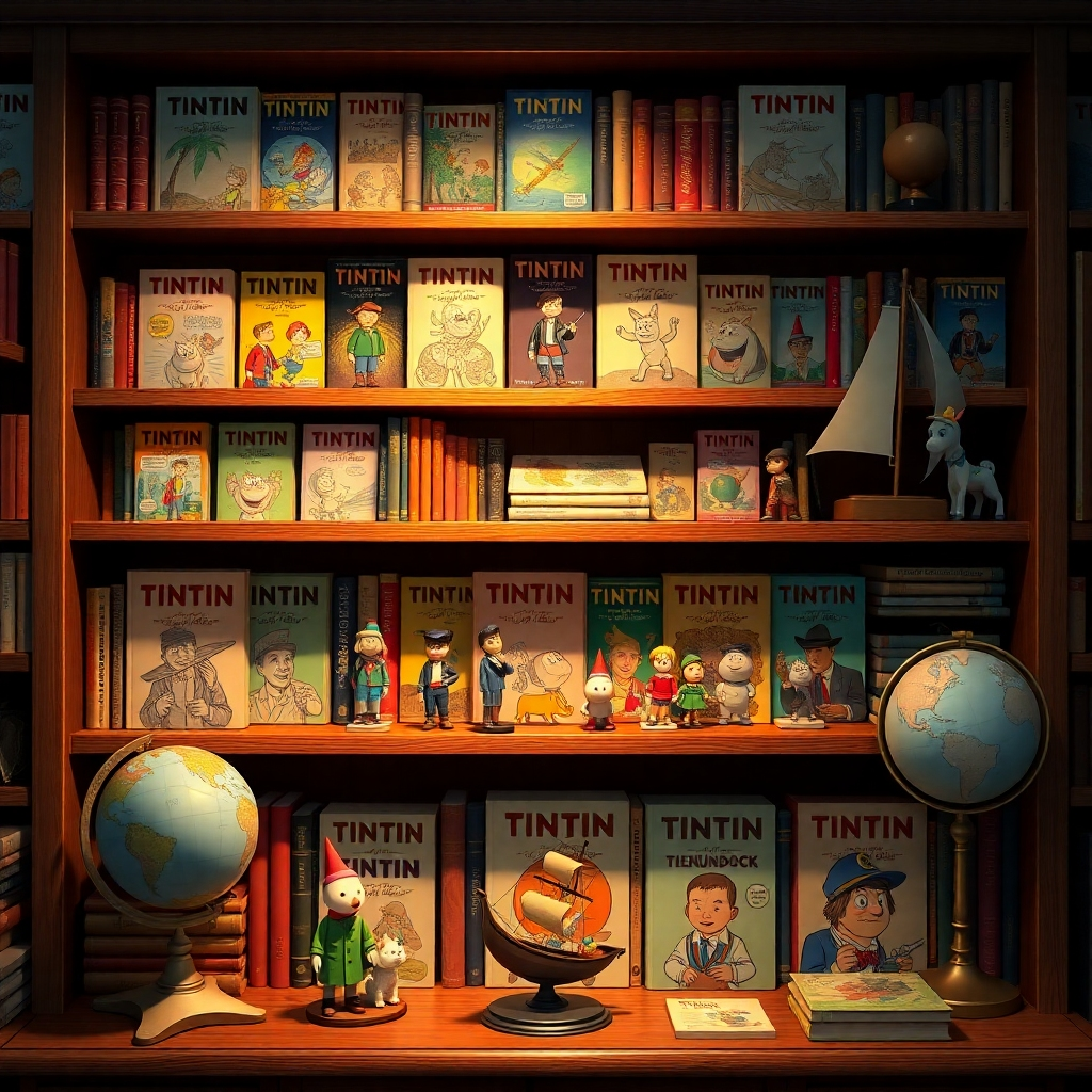 A stylized image showcasing a curated collection of Tintin comics and merchandise displayed on a wooden bookshelf. The bookshelf should be filled with various Tintin comic books, figurines of Tintin, Snowy, Captain Haddock, and other iconic characters. There should also be a globe, a model of the Unicorn ship, and other adventurous props. The lighting should be warm and inviting, creating a nostalgic atmosphere. The color palette should be rich and inviting, with earthy tones and pops of color from the comic book covers. The composition should be balanced and visually appealing, showcasing the breadth of the collection. Style reference: a blend of vintage bookshop aesthetic with a touch of Hergé's illustration style. 4K resolution, high quality detail.