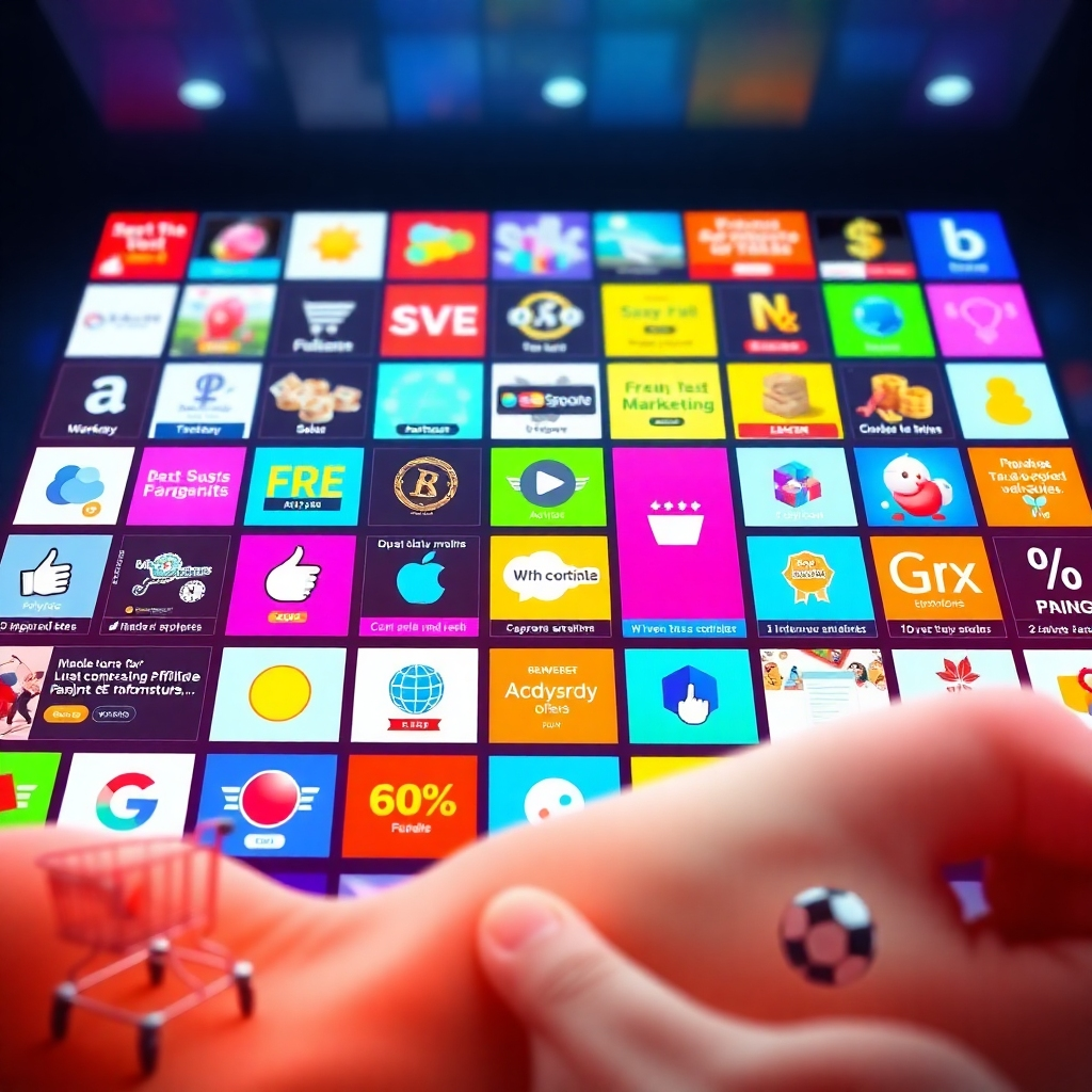 Capture a dynamic digital landscape showcasing a grid of vibrant, clickable thumbnails representing various affiliate marketing offers. The composition should resemble a user-friendly interface, with each thumbnail highlighting a unique product or service. The lighting is bright and inviting, with a focus on illuminating the individual offers within the grid. The color palette should be diverse and energetic, using contrasting colors to draw the eye to different deals. A slightly elevated camera angle gives a clear view of the entire grid. Textures should be clean and modern, with subtle visual cues indicating interactivity. The environment is a sleek, digital space, suggesting a vast marketplace of opportunities. Props like stylized shopping carts and percentage signs subtly reinforce the concept of savings and earning. The style is clean, modern, and reminiscent of popular e-commerce platforms. Render in 8K resolution for hyperrealistic detail and visual clarity.