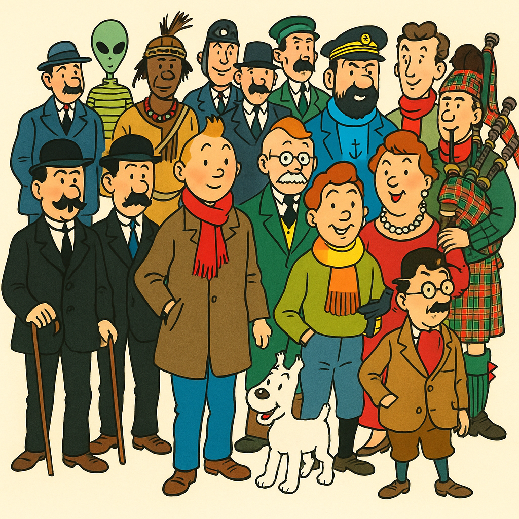 A group portrait of Tintin, Snowy, Captain Haddock, Professor Calculus, and the Thompson Twins, standing together against a neutral background. The characters should be posed in a friendly and approachable manner. The lighting should be even and flattering, showcasing their individual personalities. Style reference: a classic ensemble cast photograph. 4K resolution, high quality.