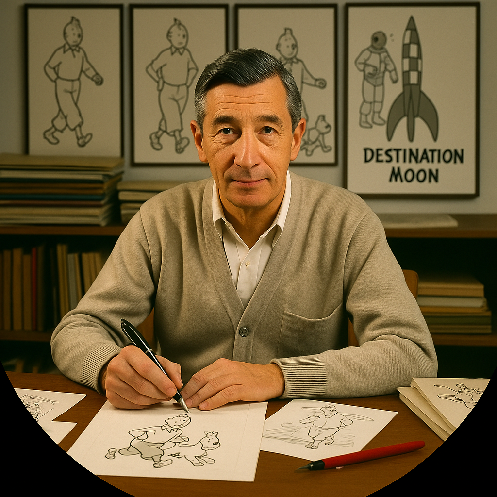 A portrait of Hergé at his drawing table, surrounded by Tintin comic books and sketches. The lighting should be soft and natural, capturing the artist's concentration and passion. The background should be a bit blurred, emphasizing Hergé as the central figure. Style reference: vintage photography with a slightly artistic filter. 4K resolution, high quality.