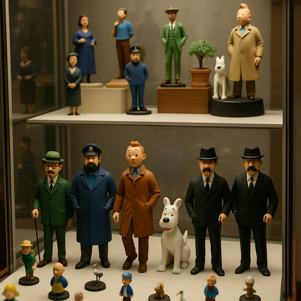 A well-lit display case filled with various Tintin figurines and collectibles. The figurines should include Tintin, Snowy, Captain Haddock, Professor Calculus, and other iconic characters. The lighting should be bright and even, showcasing the details of each figurine. The background should be clean and uncluttered, allowing the collectibles to stand out. 4K resolution, high quality.