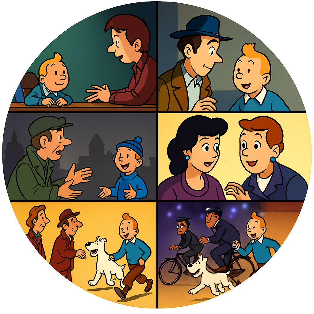 A montage of images from various Tintin adaptations, including scenes from the animated series, the live-action film, and stage productions. The image should showcase the different interpretations of the characters and stories. The lighting should be varied, reflecting the different styles of each adaptation. 4K resolution, high quality.