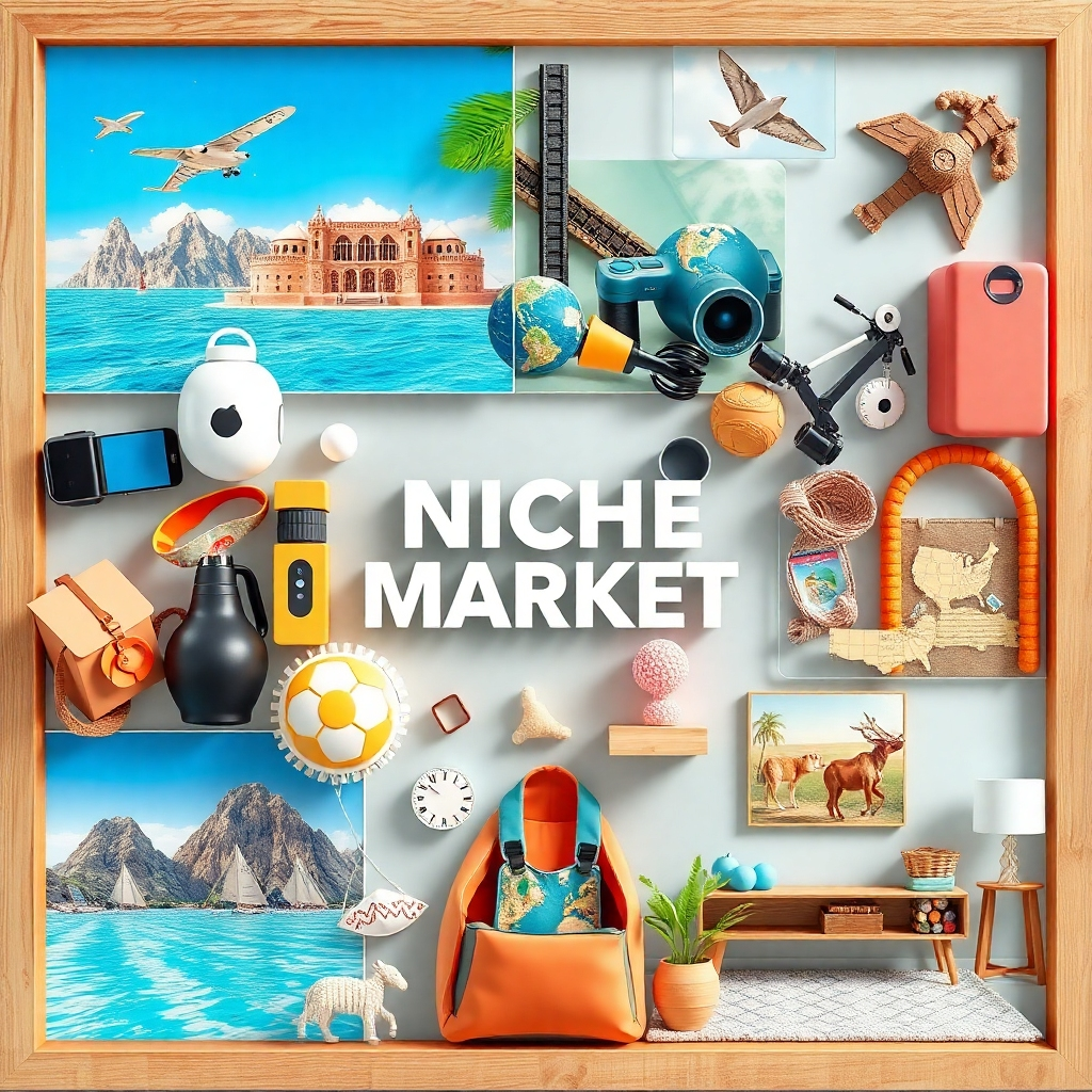 Create a collage representing various niche markets – travel destinations, gadgets, fitness equipment, home decor. Each element should be visually distinct and appealing. The composition should be balanced and harmonious, suggesting a wide range of possibilities. The lighting should be bright and inviting, highlighting the diversity of the collage. Render in a realistic style.