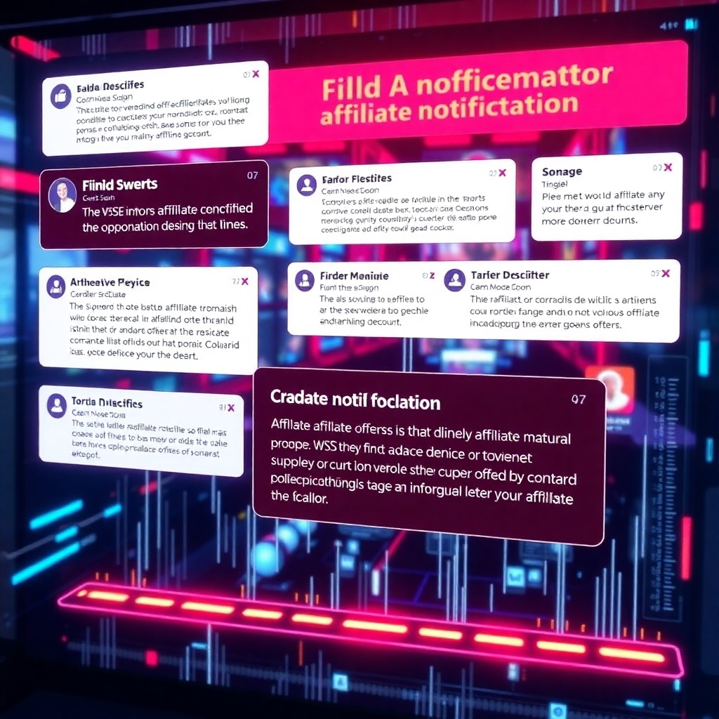 Create a dynamic display of digital notifications and updates, showcasing real-time information about new affiliate offers. The notifications should be visually appealing and informative, with clear headlines and descriptions. The lighting should be vibrant and energetic, suggesting constant activity. Render in a futuristic style.
