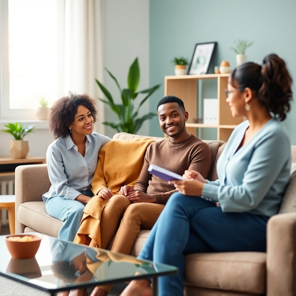 Create a photorealistic image of a therapist in a calming office sitting with a diverse couple on a couch. The office is well-lit with natural light and calming colors. The therapist is actively listening, with a notepad and pen in hand. The couple looks comfortable and relaxed.